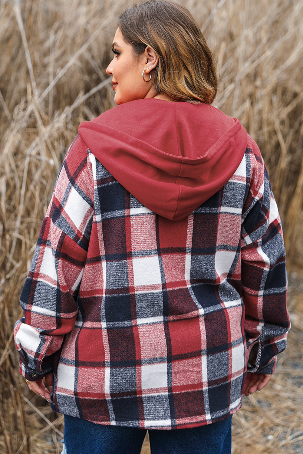 Plus Size Plaid Button up Hooded Jacket