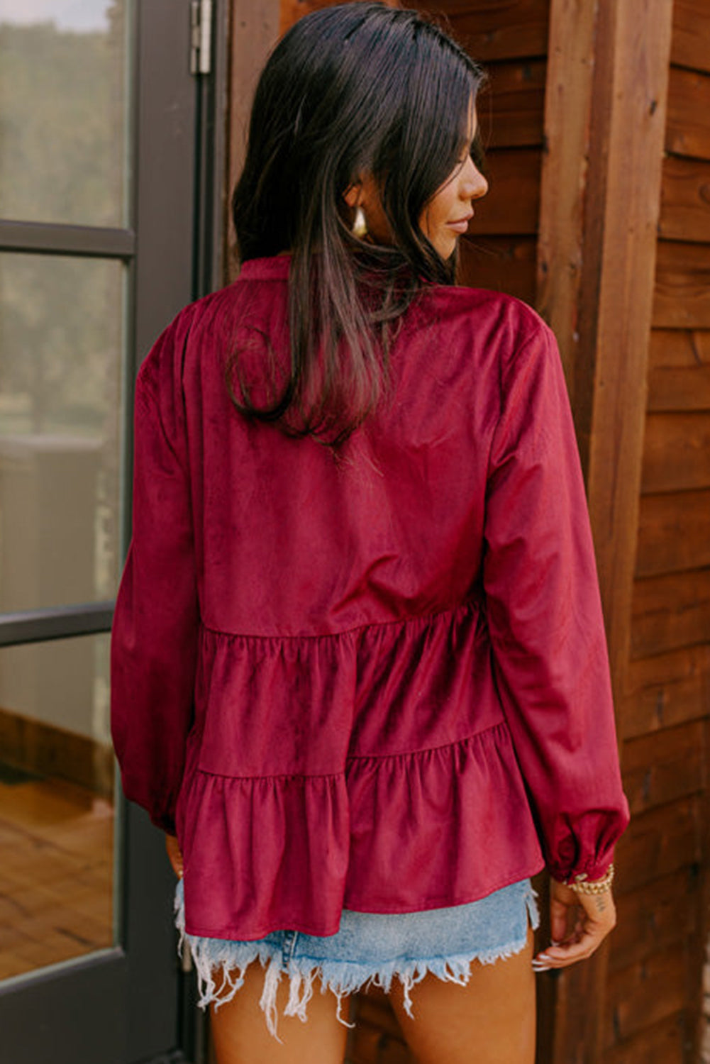 Burgundy Corduroy Ruffle Top