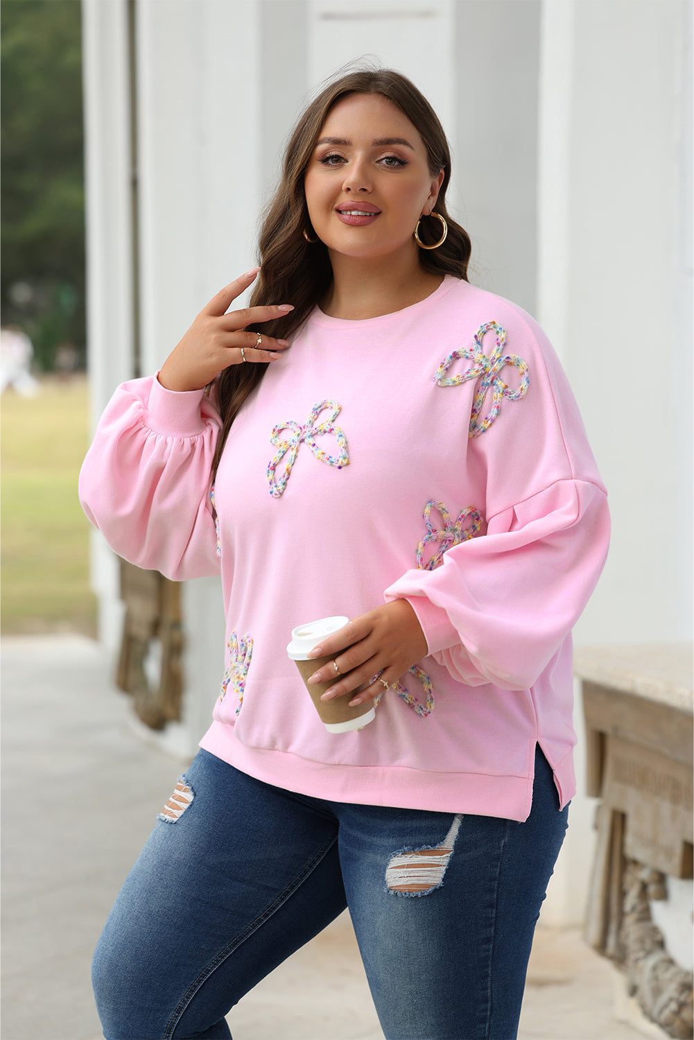 Light Pink Embroidered Bow Sweatshirt