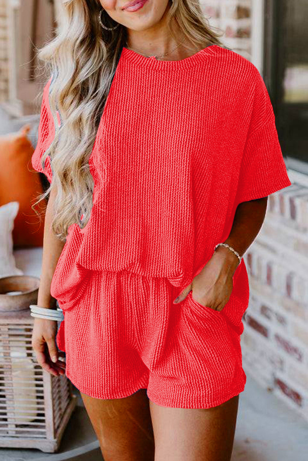 Red Ribbed Textured Knit Set