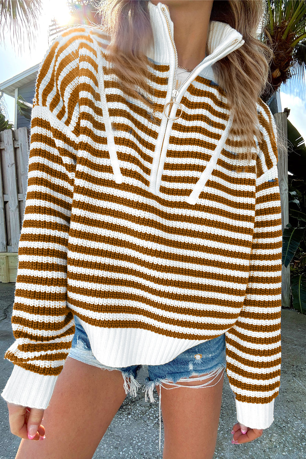 Khaki Stripe Zip up Sweater