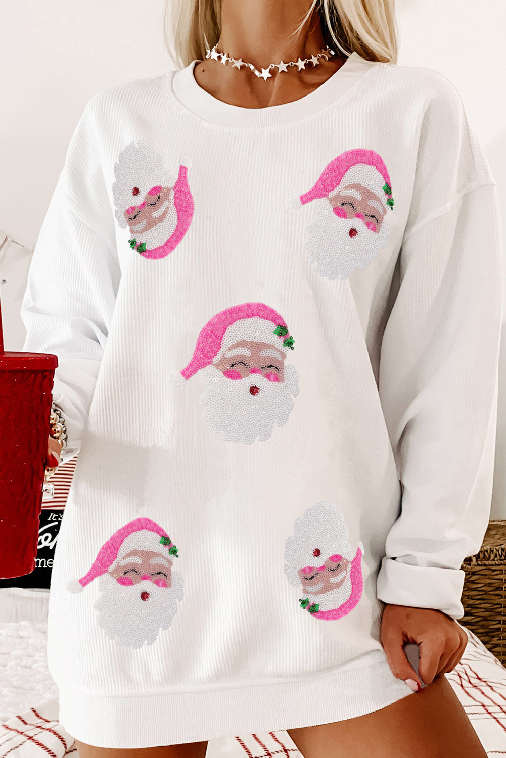 White Ribbed Sequin Santa Top