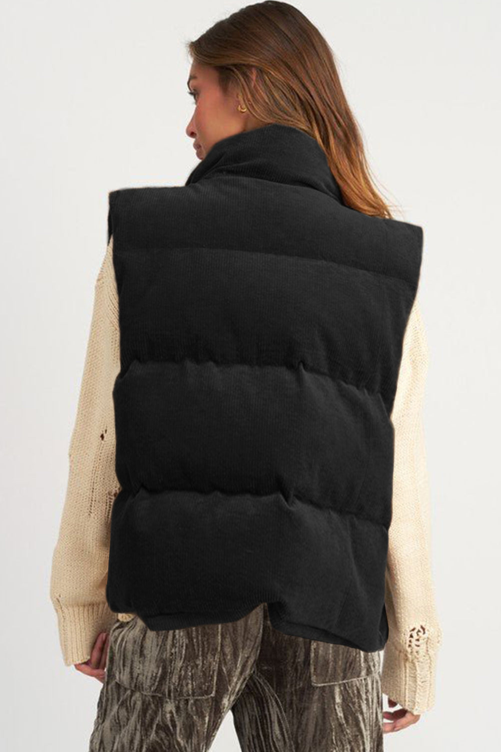 Black Corduroy Zipped Puffer Vest