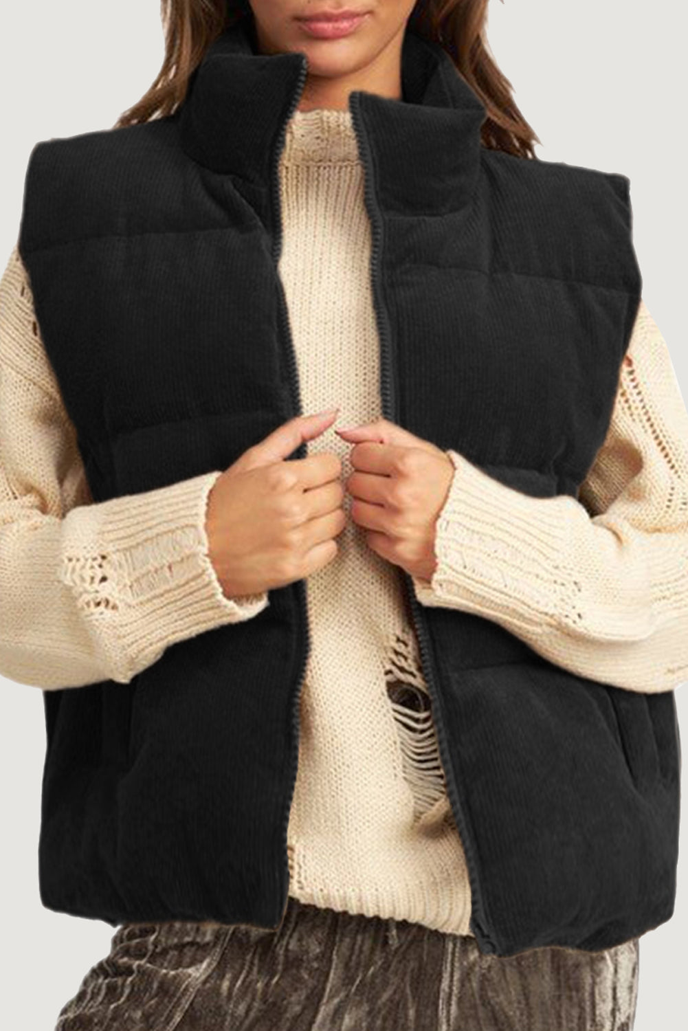 Black Corduroy Zipped Puffer Vest