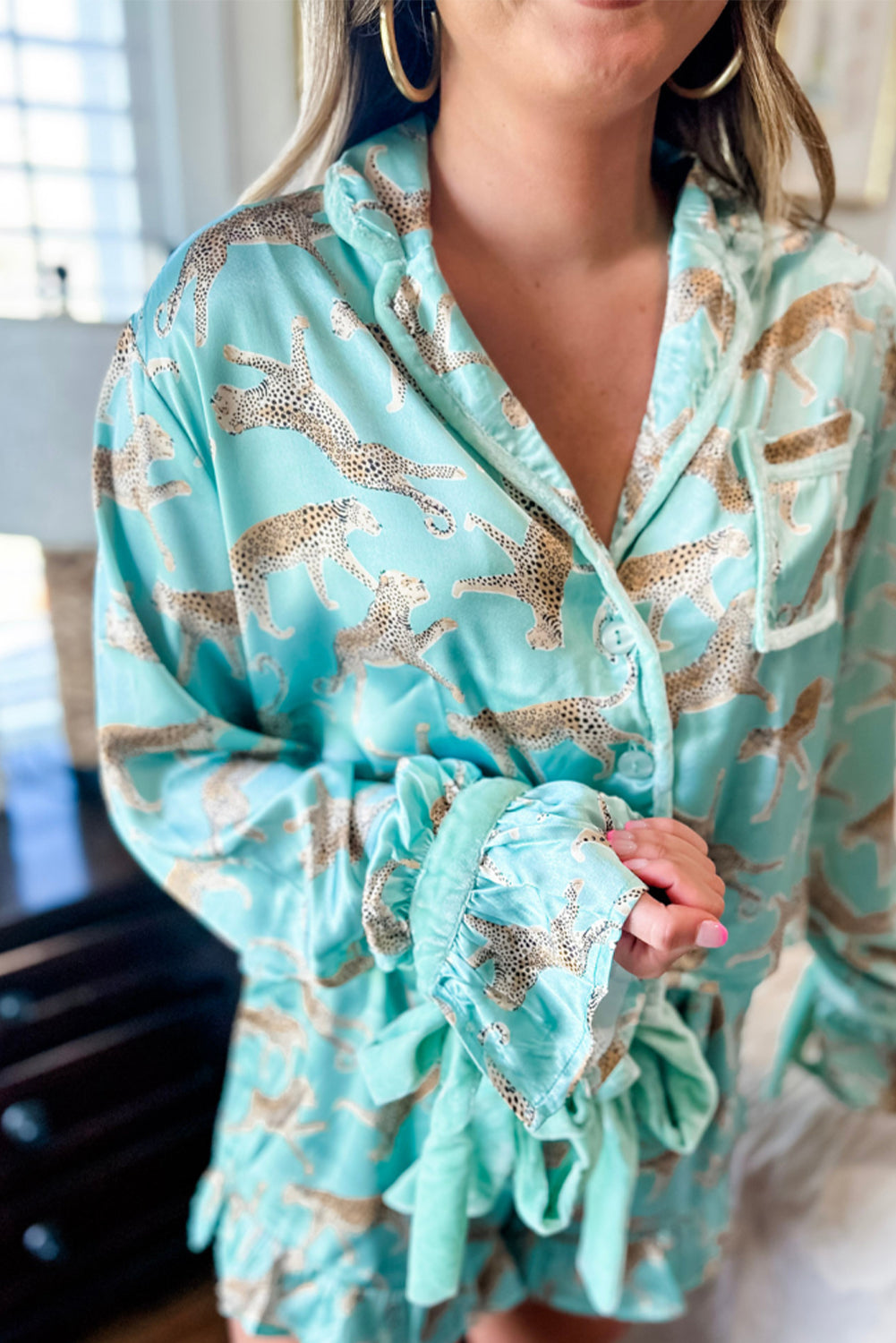 Green Leopard Satin Pajamas