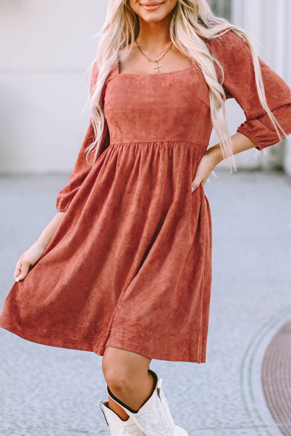 Brown Suede Square Neck Dress