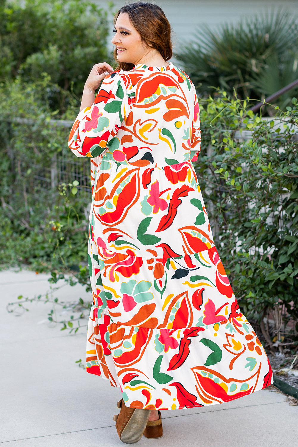 Orange Floral Print Drawstring Plus Size Dress