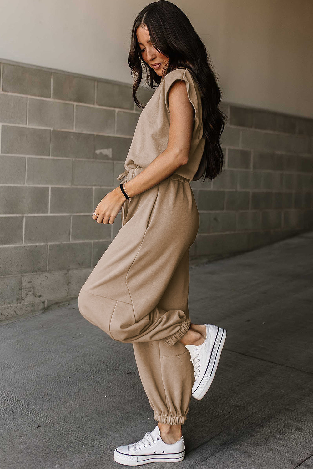 Beige Drawstring Jogger Jumpsuit