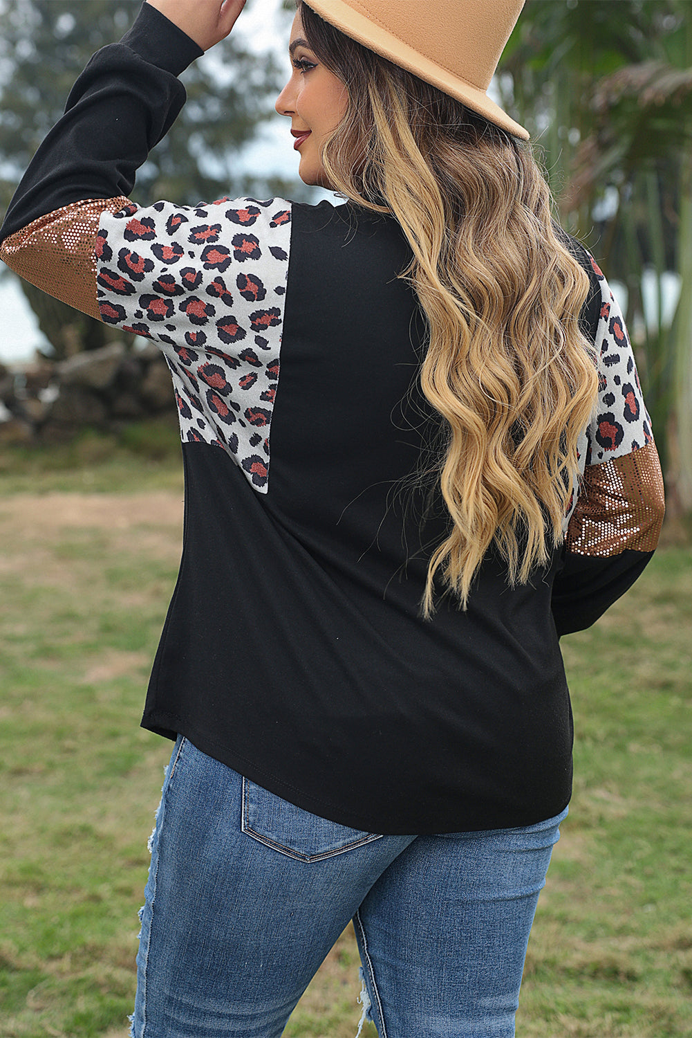 Black Leopard Sequin Plus Size Top