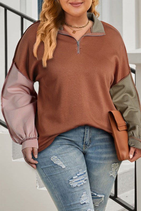 Brown Plus Size Colorblock Quarter Zip Sweatshirt