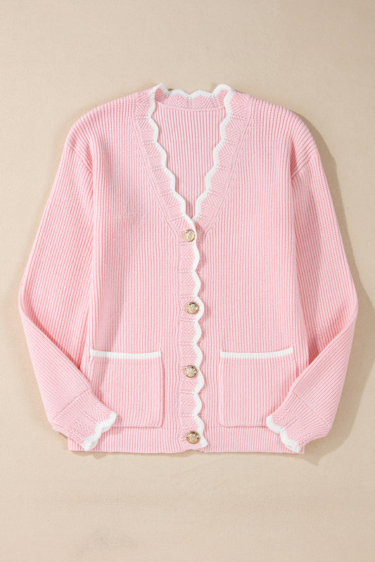 Pink Ribbed Knit Scalloped Edge Cardigan