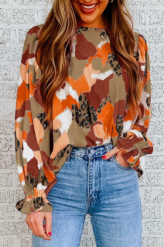 Leopard Abstract Printed Long Sleeve Blouse