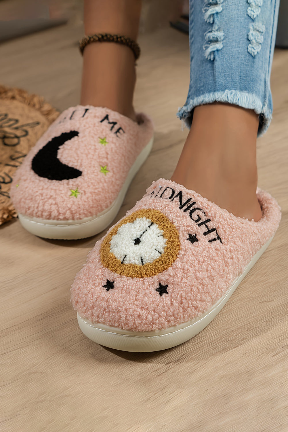 Light Pink Moon & Clock Fuzzy Slippers