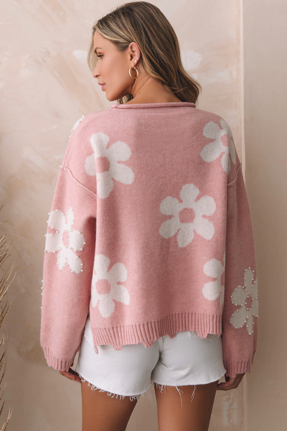 Pink Pearl Beaded Floral Sweater