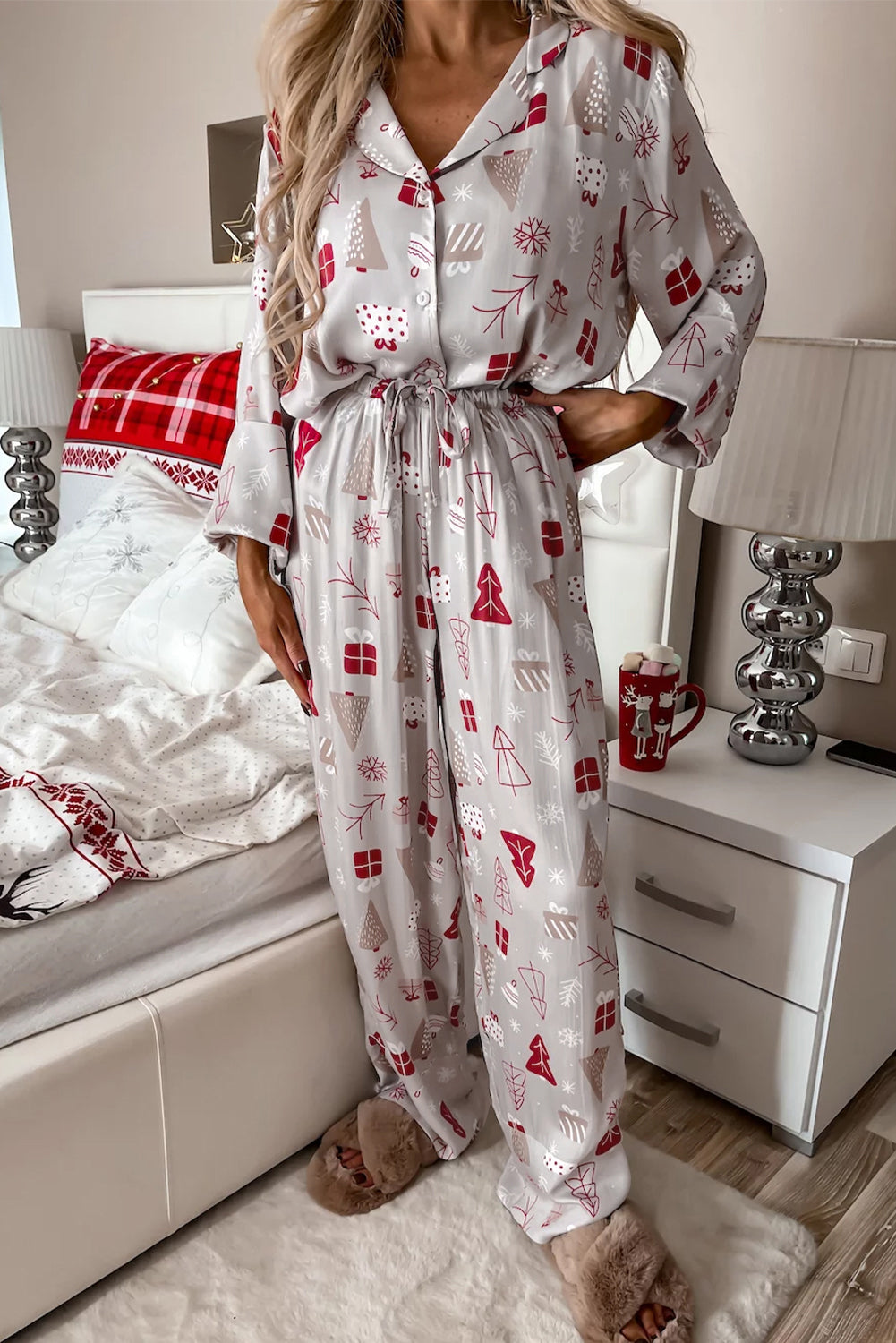 Light Grey Christmas Printed Pajamas