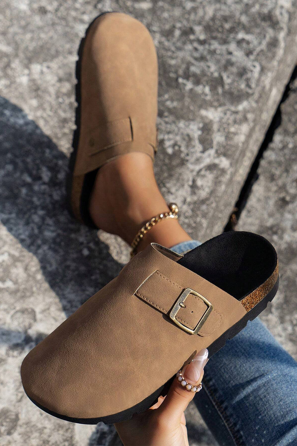 Beige Suede Buckle Shoes