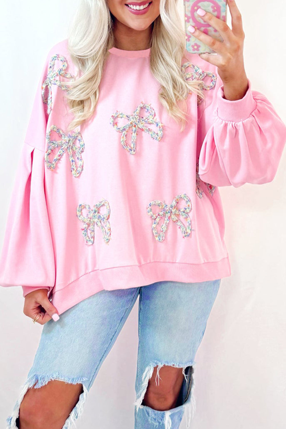 Light Pink Embroidered Bow Sweatshirt