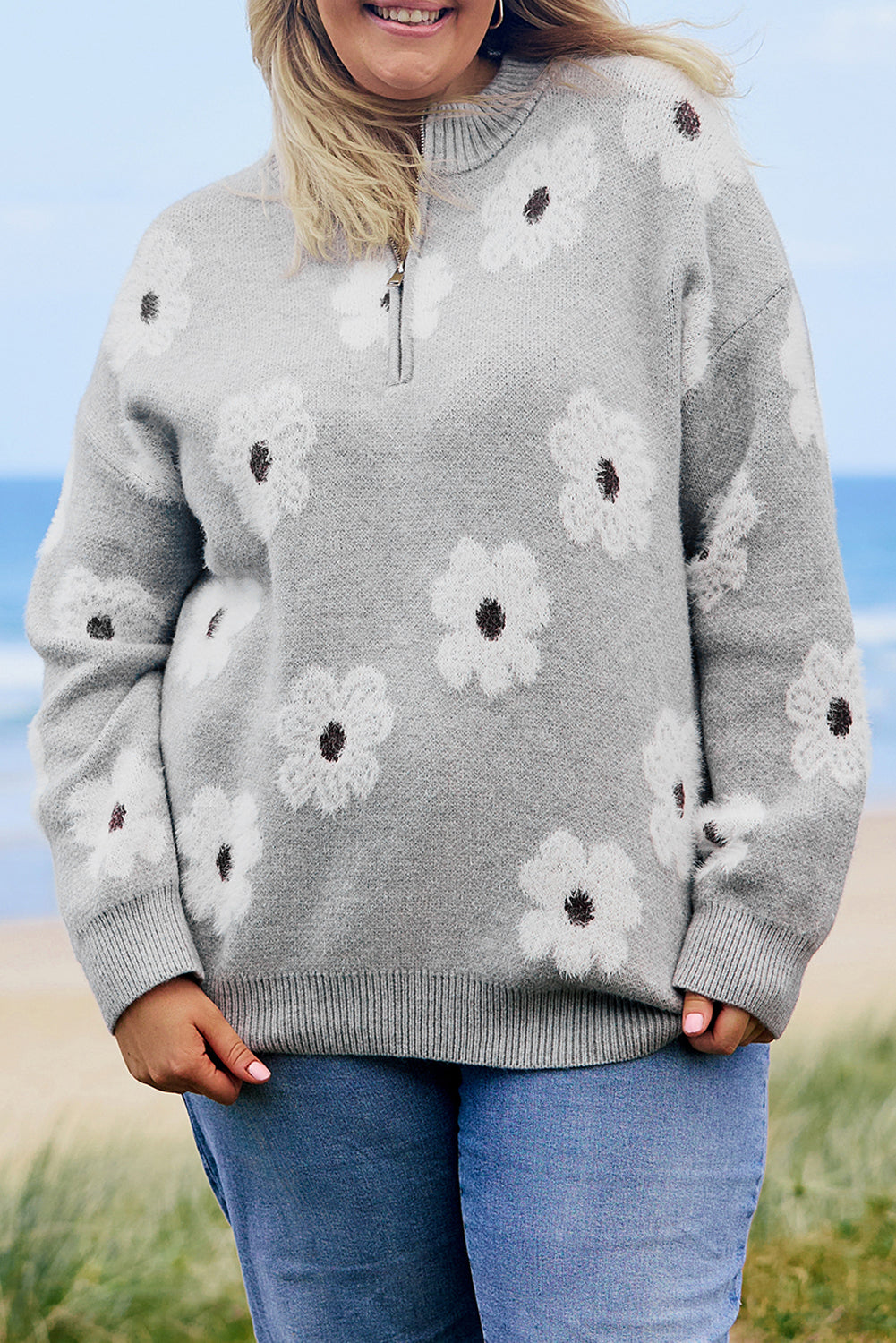 Gray Floral Plus Size Half Zip Sweater