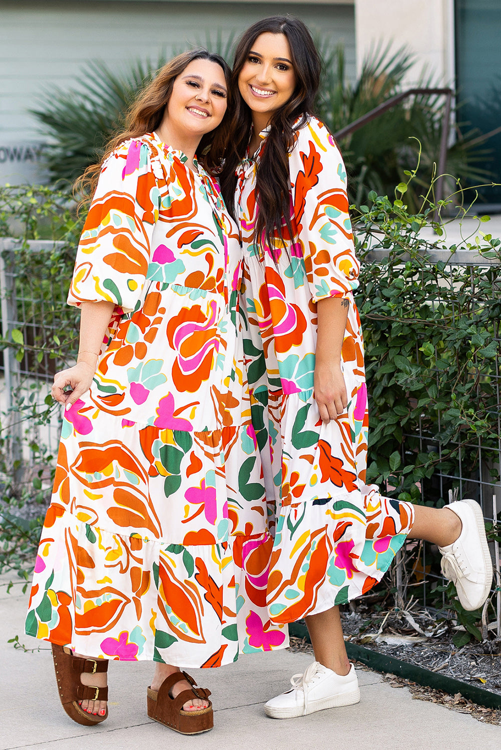 Orange Floral Print Drawstring Plus Size Dress