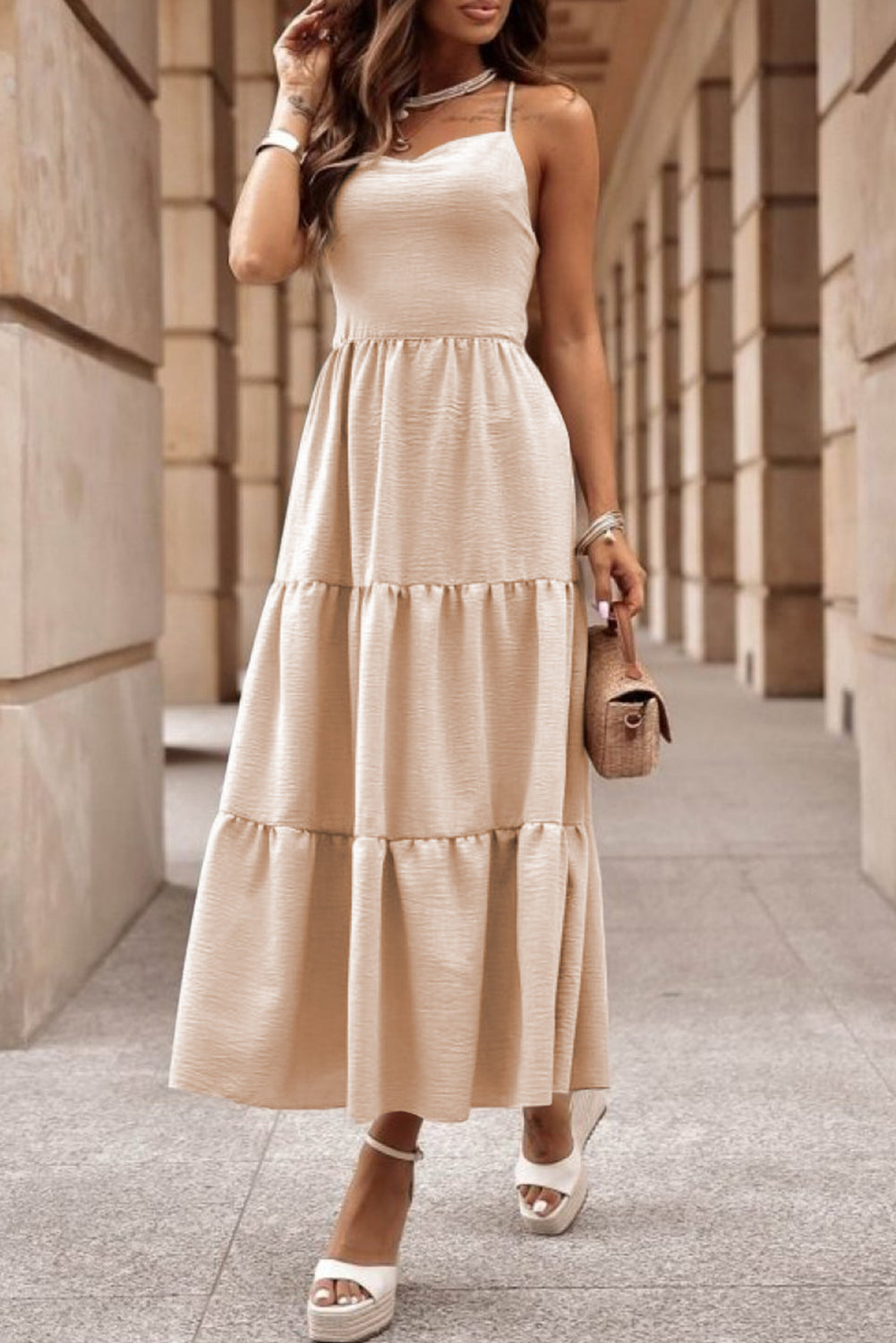 Oatmeal Crossover Backless Maxi Dress