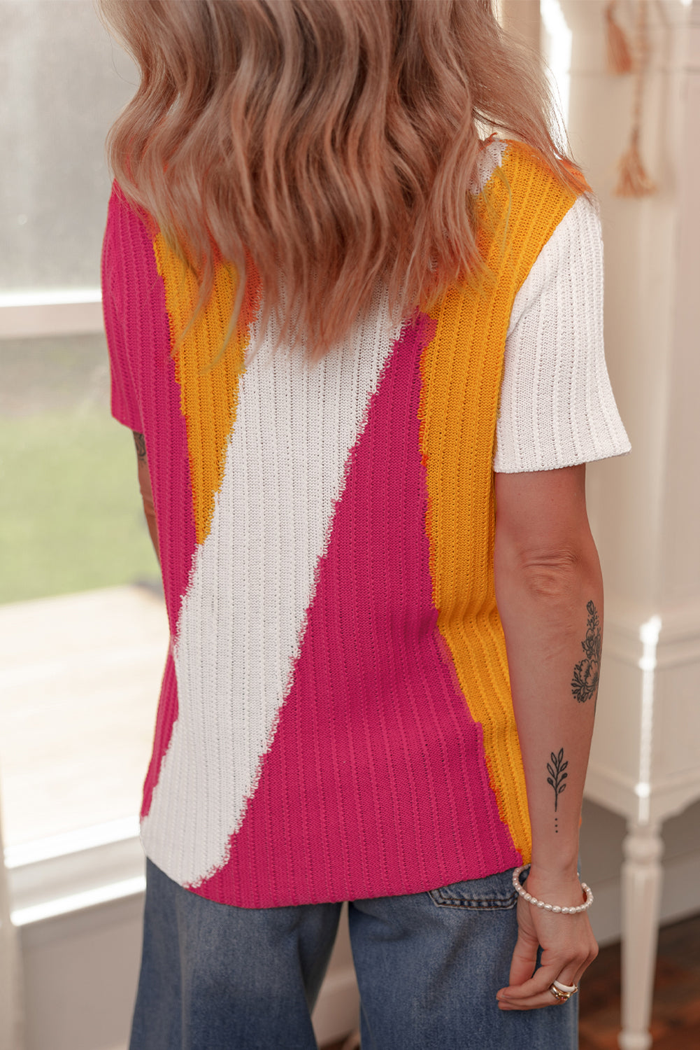 Orange Textured Knit Colorblock Sweater