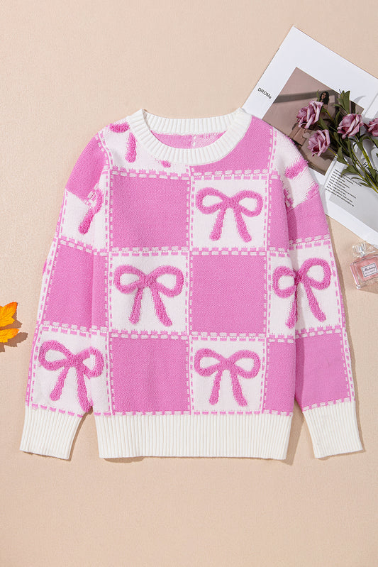 Pink Bow Checkered Sweater