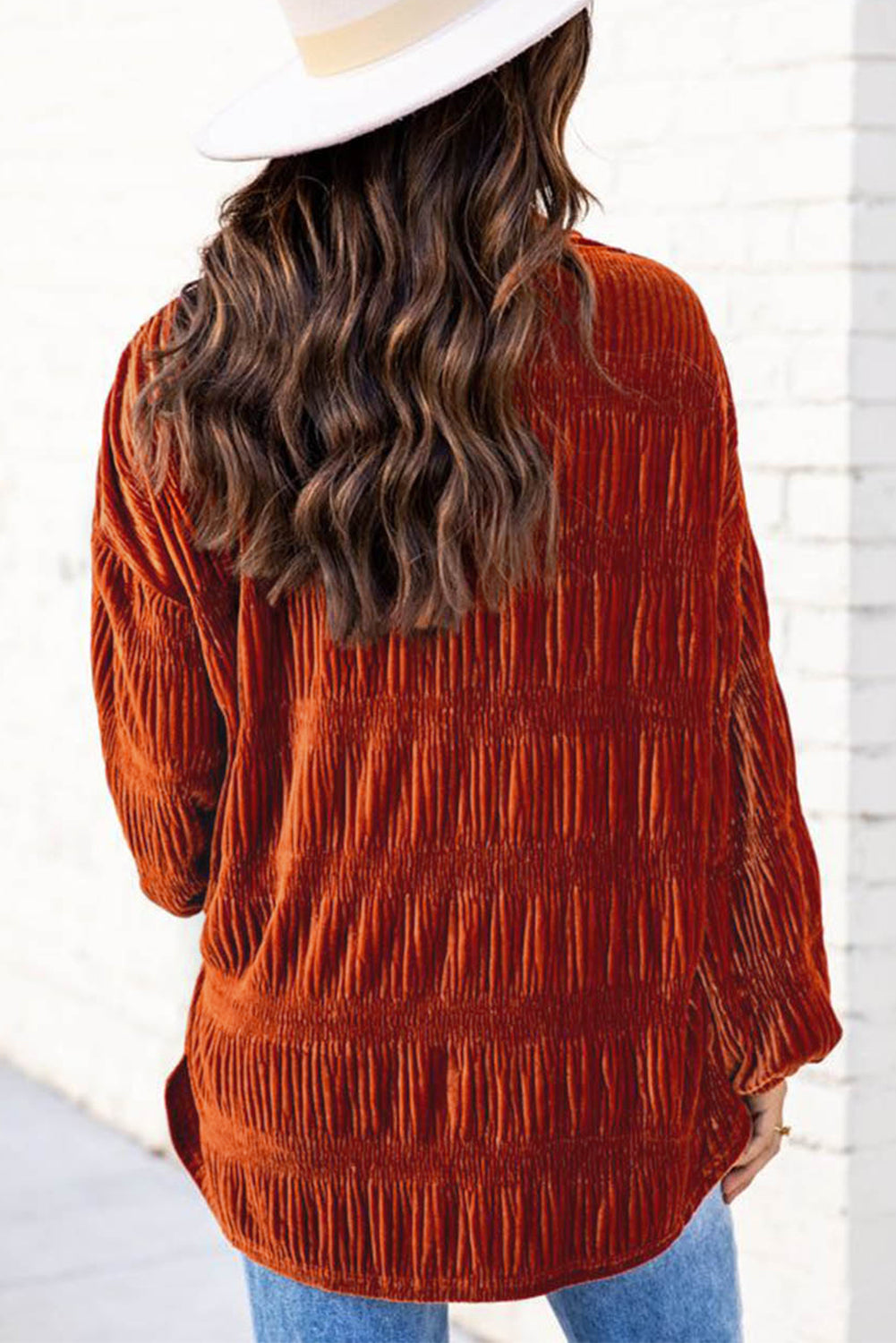 Burnt Orange Velvet Button Up Top