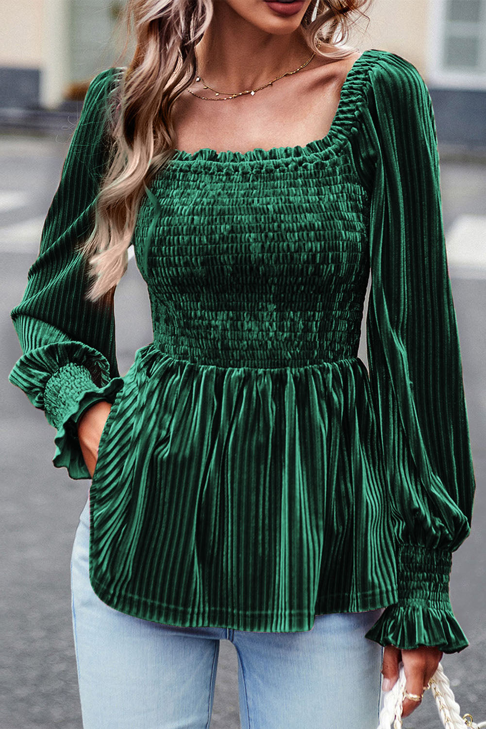 Blackish Green Velvet Babydoll Top