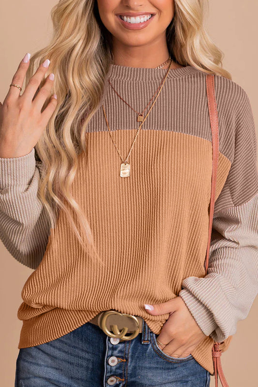 Khaki Color Block Ribbed Top