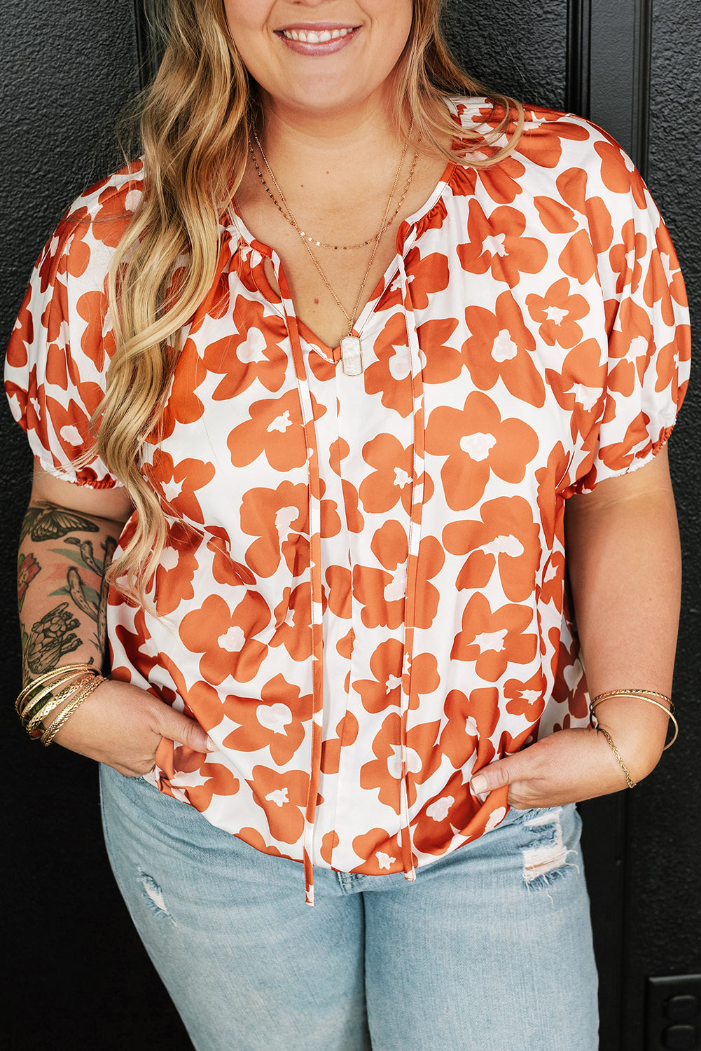 Plus Size Orange Floral Drawstring Top