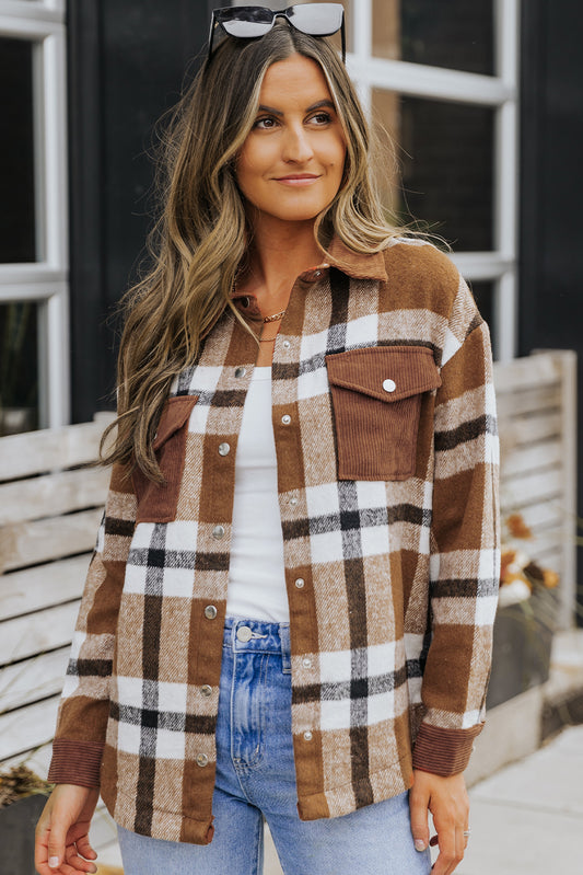 Brown Pocketed Buttoned Plaid Top