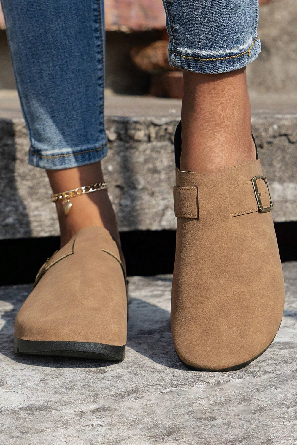 Beige Suede Buckle Shoes