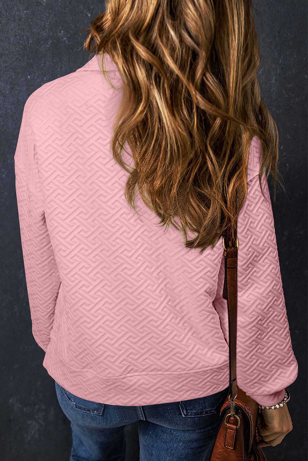 Light Pink Textured Half Zipper Sweatshirt