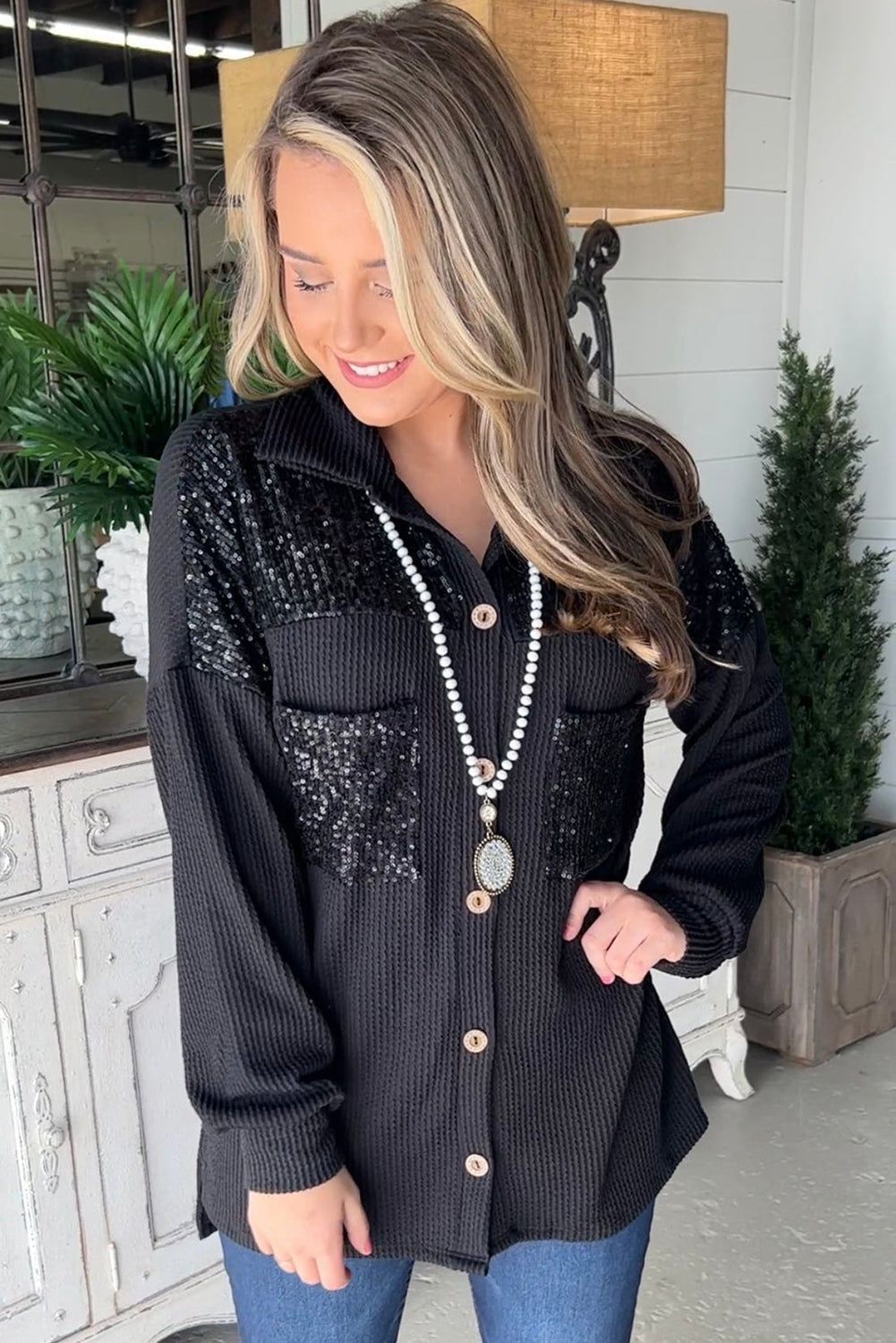 Black Sequin Corded Shacket