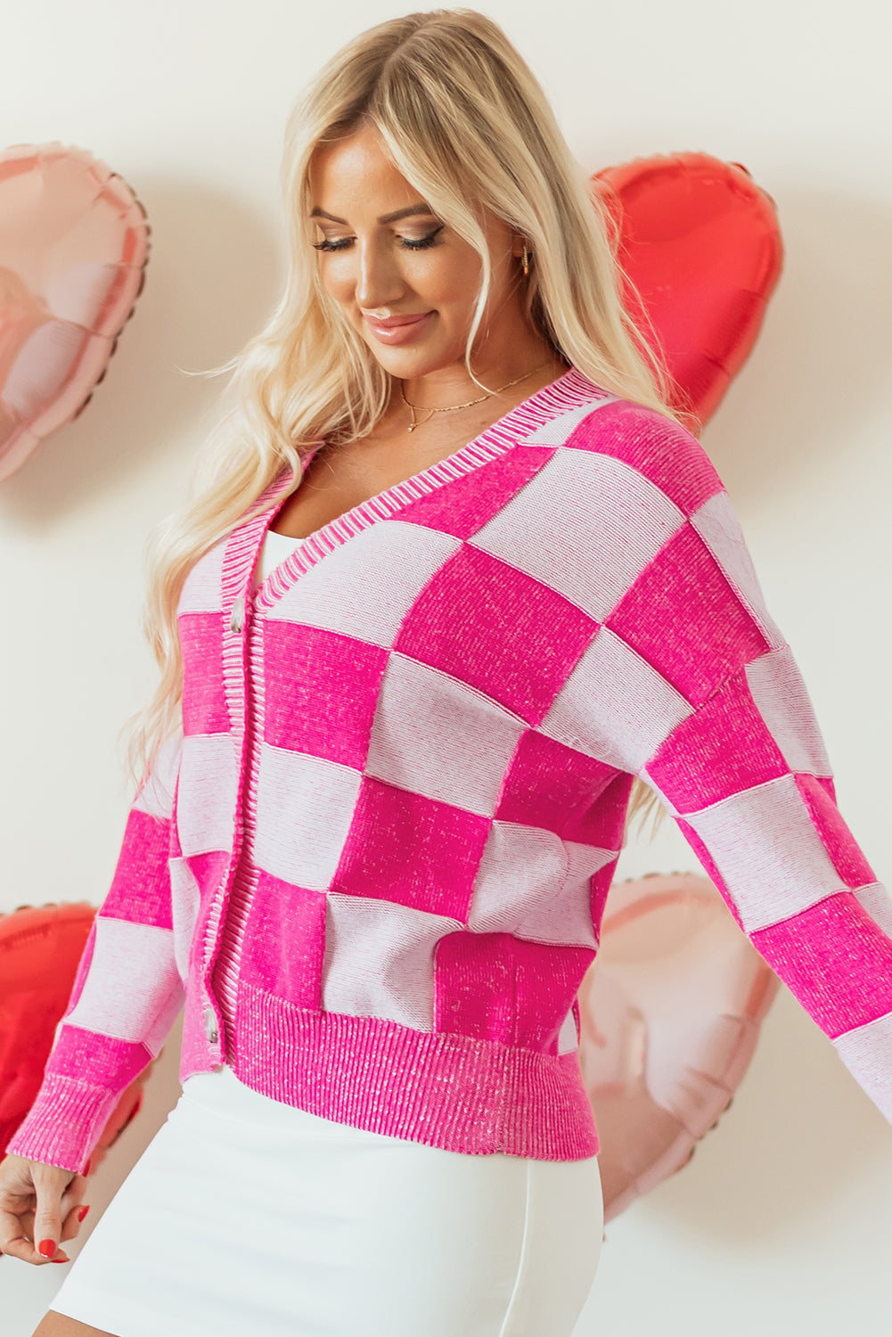 Pink Checkered Cardigan