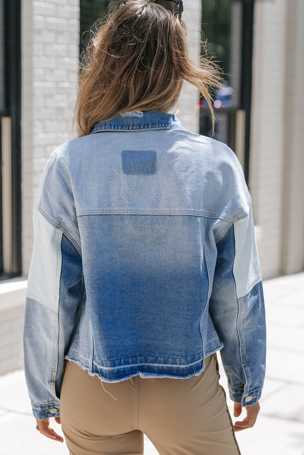 Sky Blue Denim Patchwork Frayed Hem Jacket