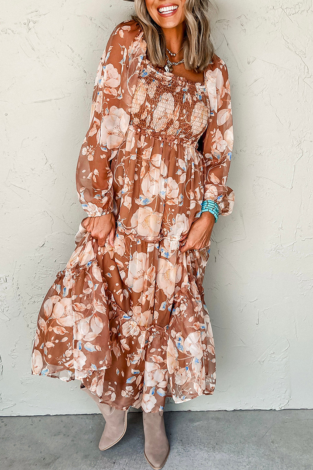 Brown Floral Print Maxi Dress