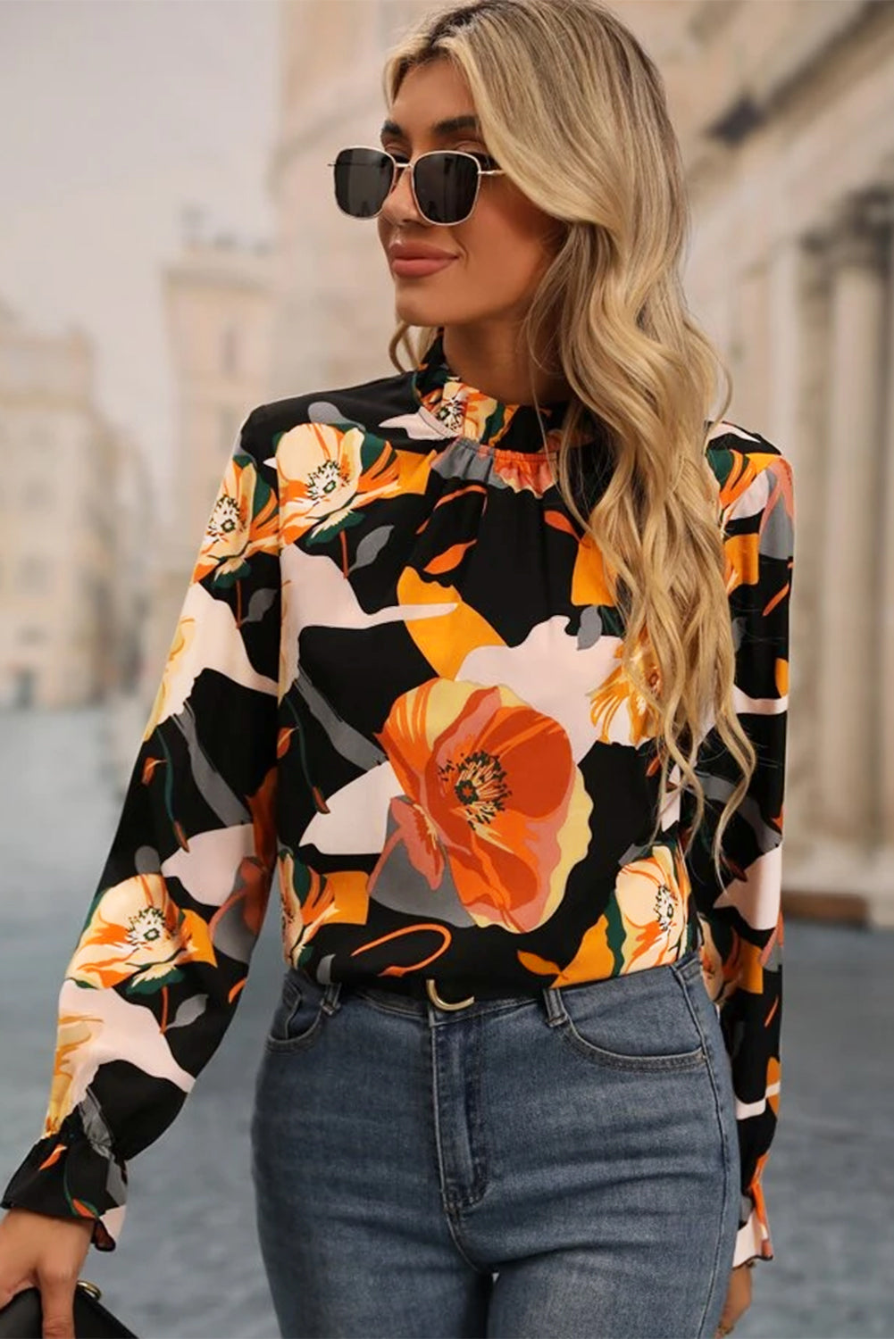 Black Floral Print Top