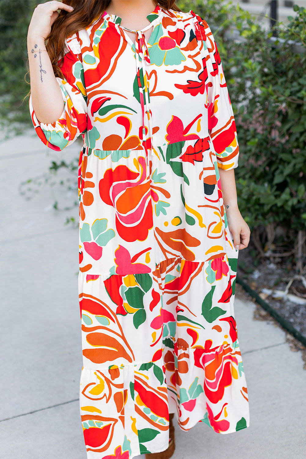 Orange Floral Print Drawstring Plus Size Dress