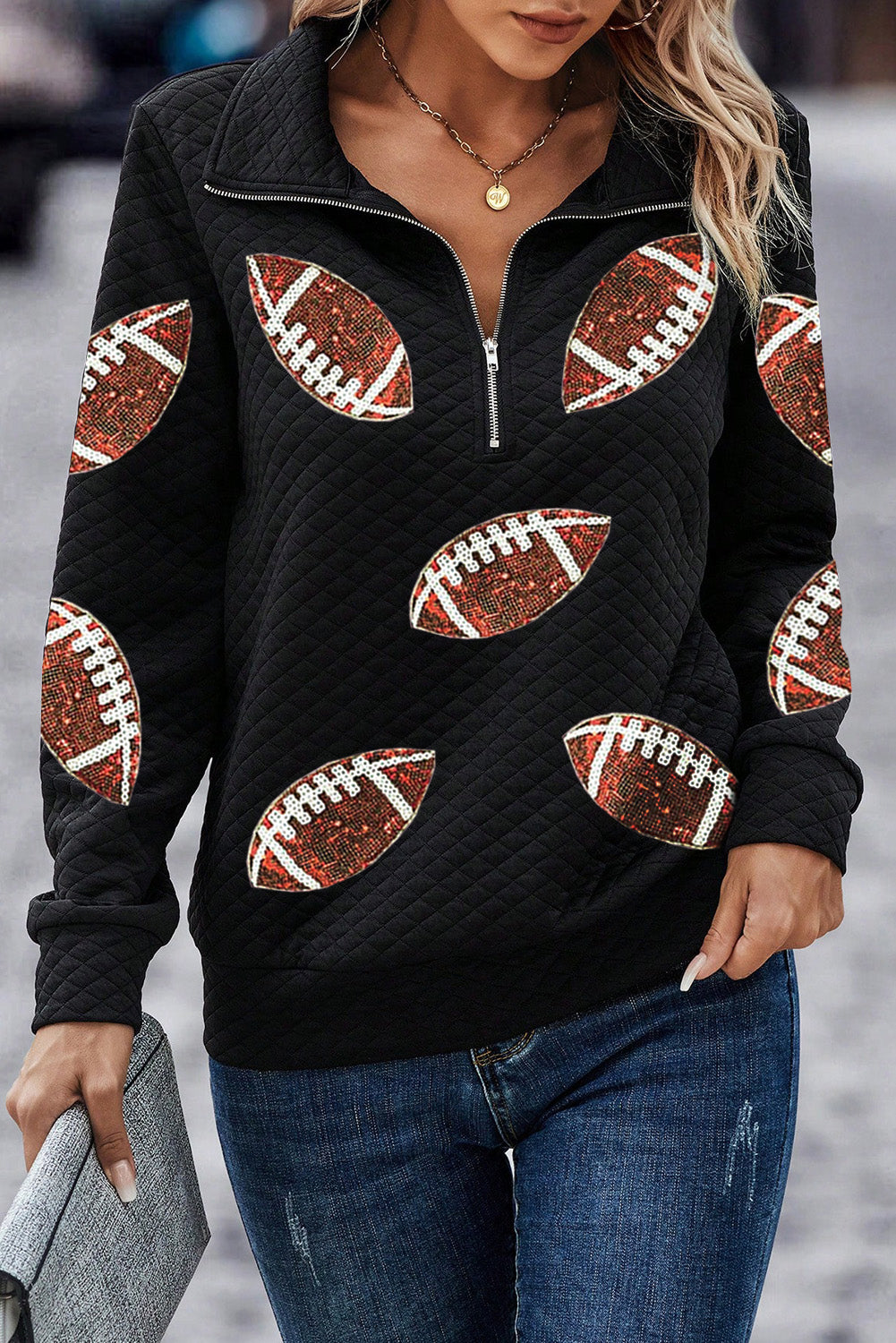 Black Sequin Football Sweatshirt