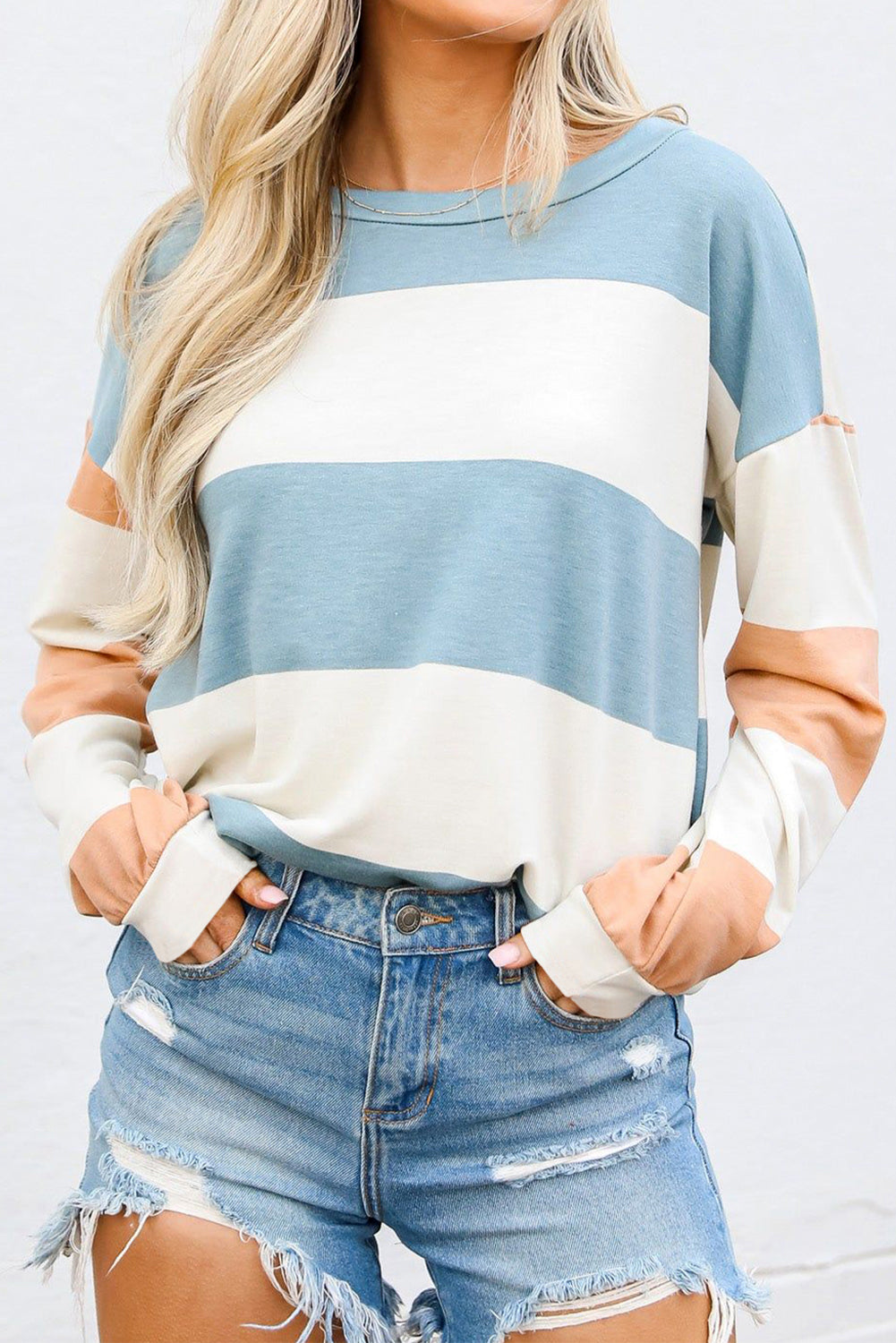 Light Blue Colorblock Striped Top