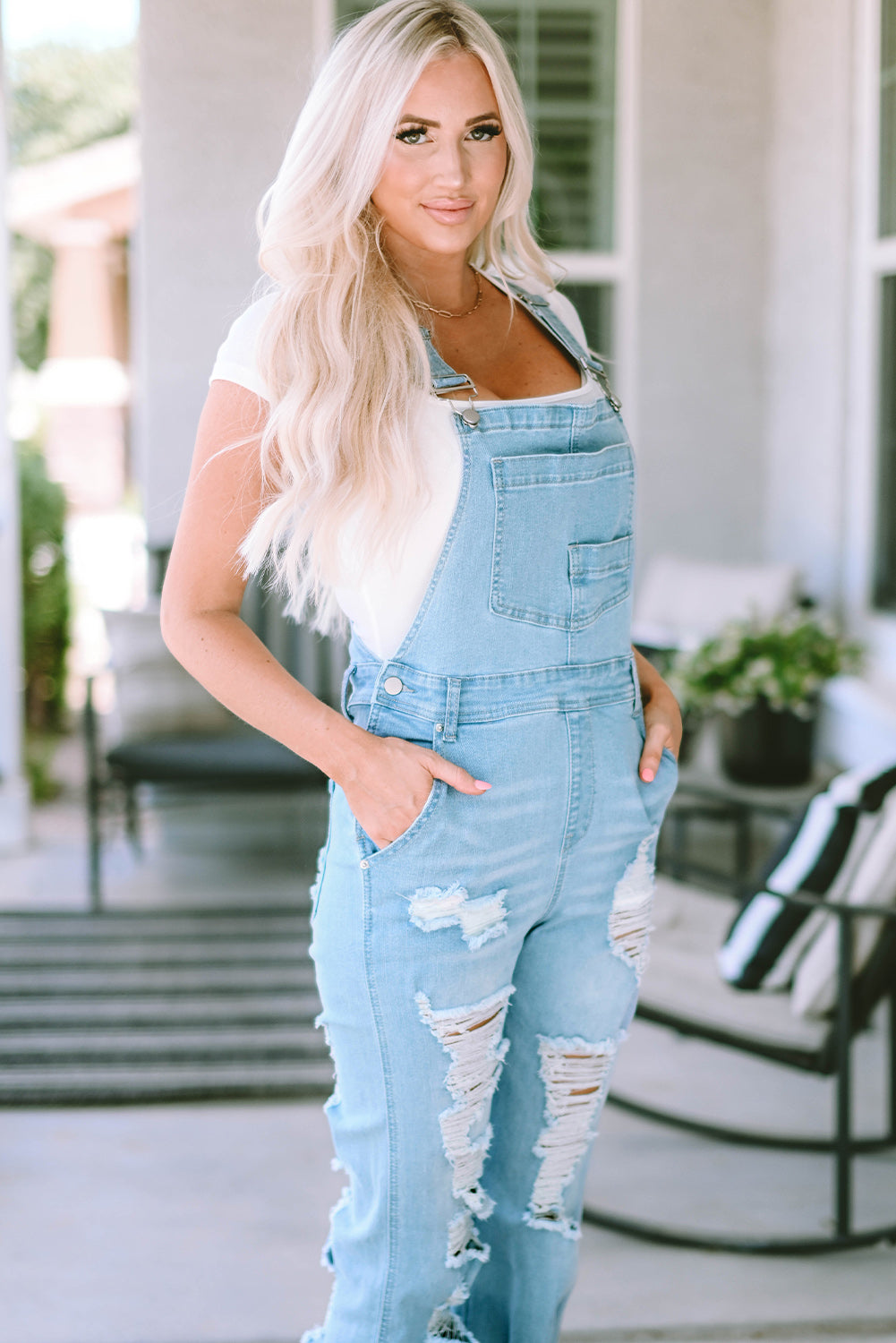 Sky Blue Distressed Denim Overalls