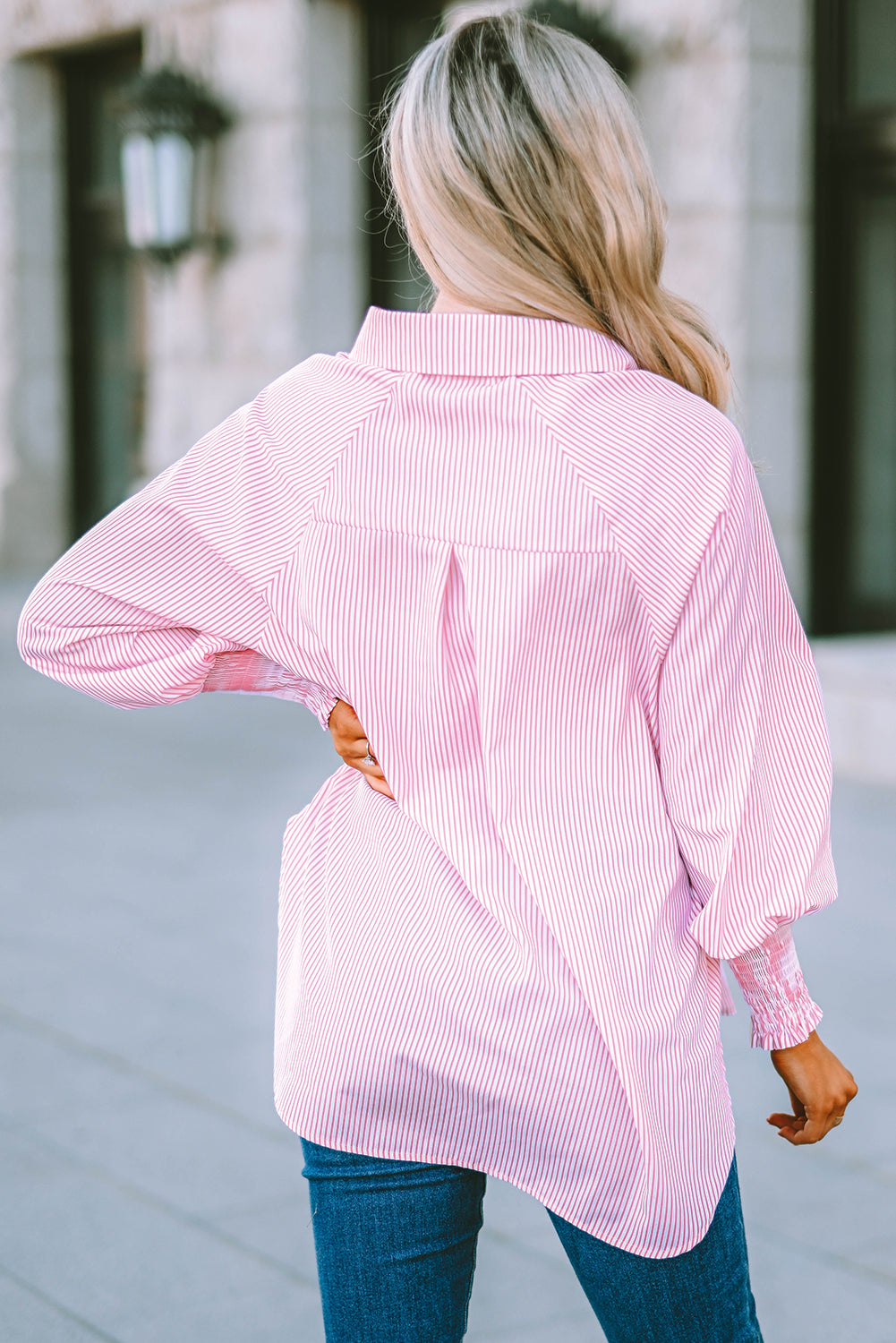 Pink Striped Boyfriend Shirt with Pocket Top