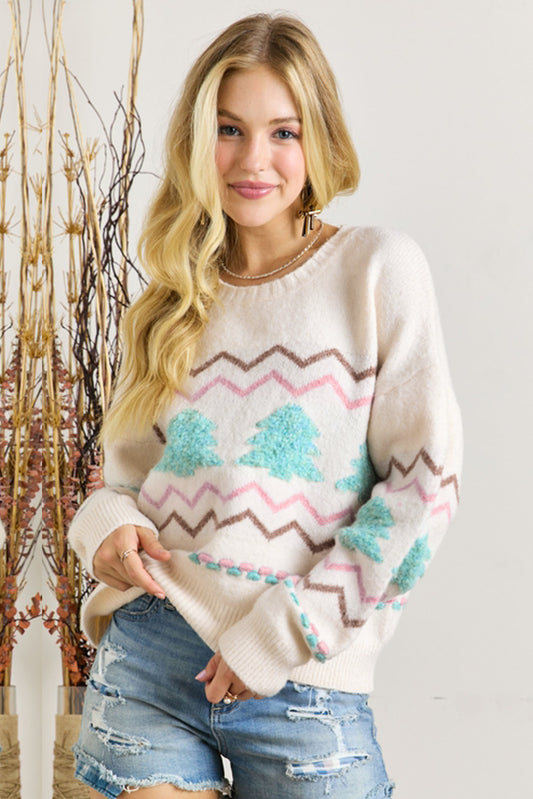 White Striped Christmas Tree Sweater