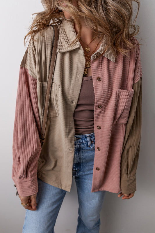 Tan & Pink Buttoned Corduroy Shacket