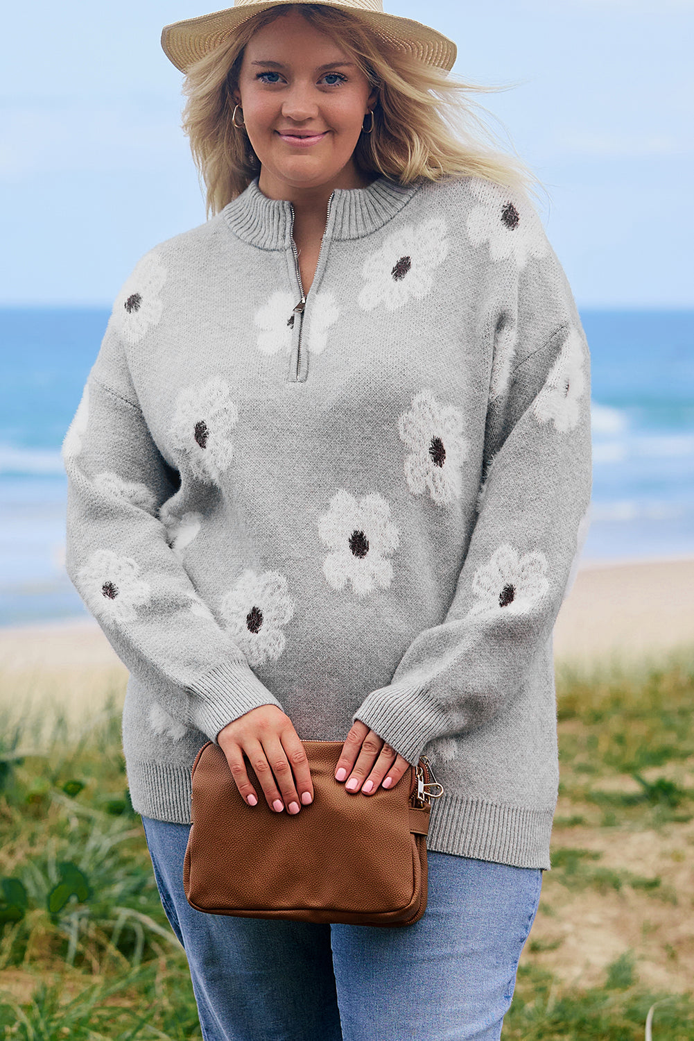 Gray Floral Plus Size Half Zip Sweater