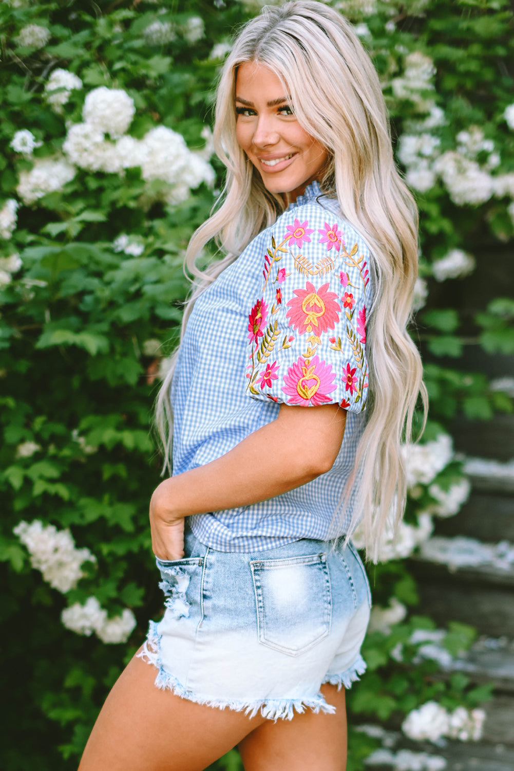 Light Blue Gingham Floral Embroidered Sleeve Top