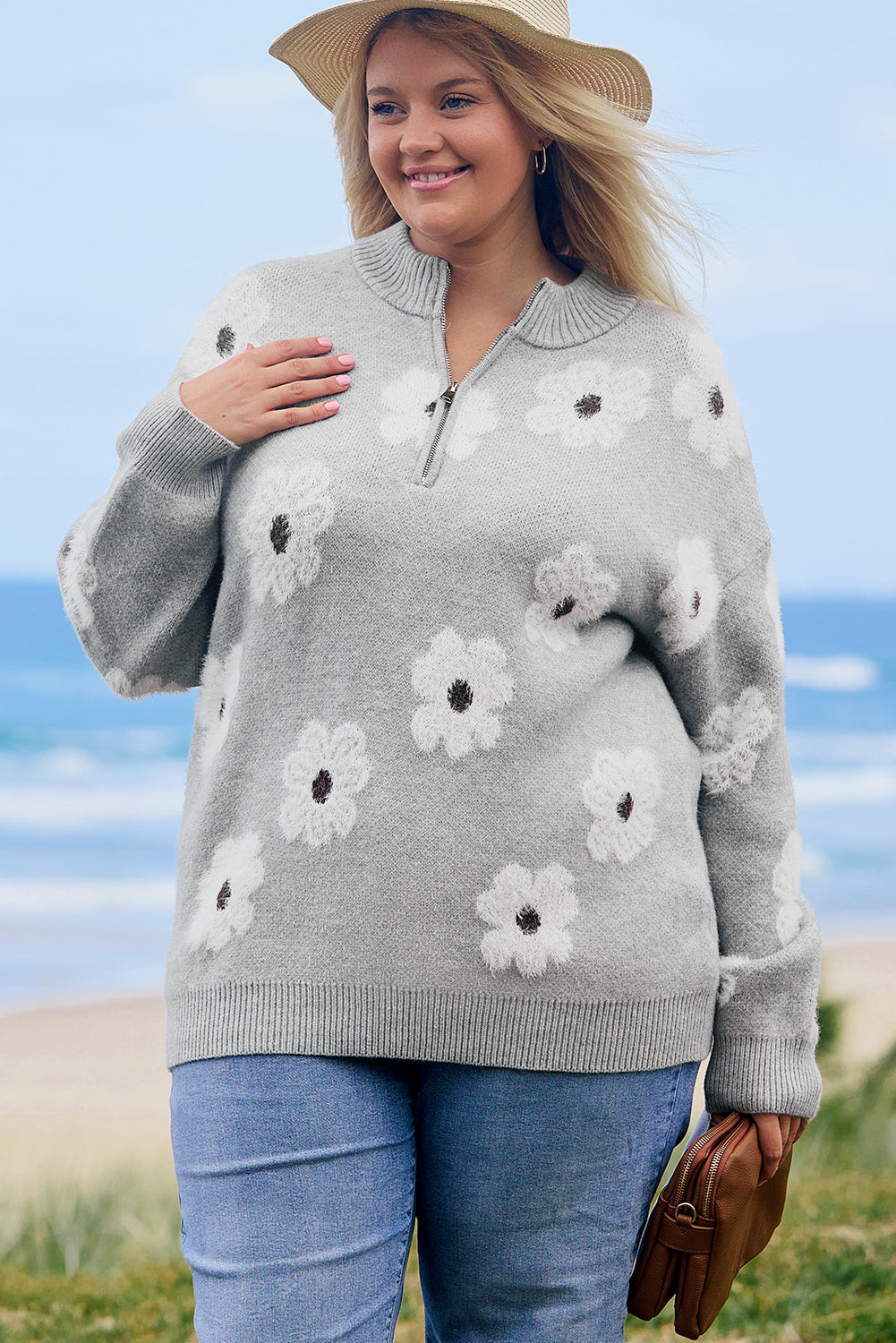 Gray Floral Plus Size Half Zip Sweater