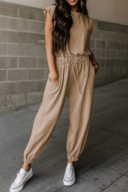 Beige Drawstring Jogger Jumpsuit