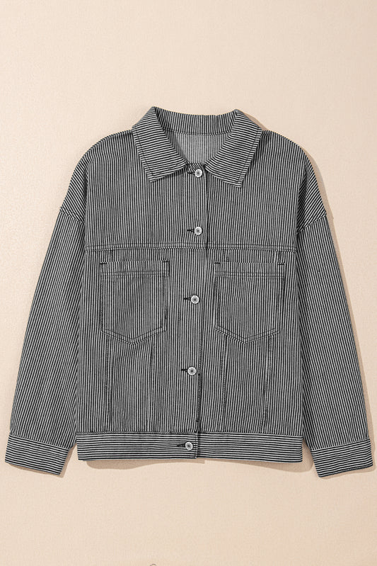 Blue Stripe Pocketed Denim Jacket